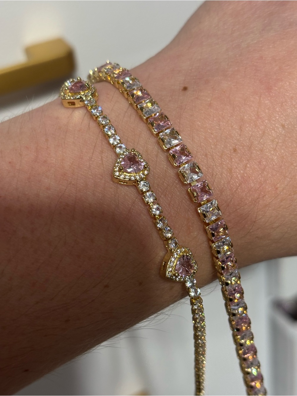 Gold-Plated Pink Crystal Tennis Bracelet Set